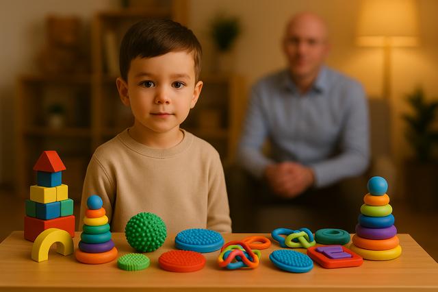 Child sitting at a table with colorful educational toys, with an adult blurred in the background