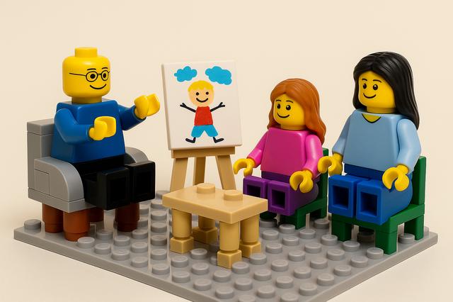 LEGO figures in a consultation scene with a drawing on an easel