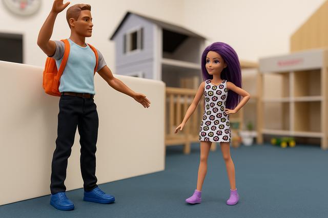Two dolls in a toy house setting, one with a backpack and one with purple hair in a flower dress
