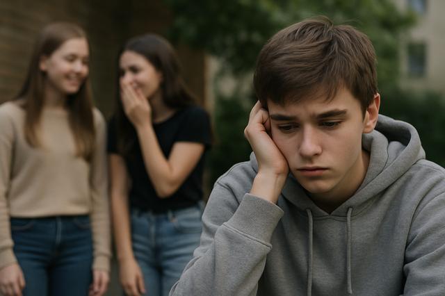 Teen boy looking sad while two girls whisper and laugh in the background